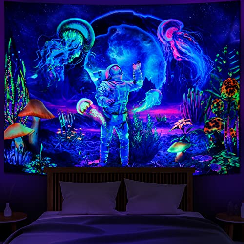 Extra Large Blacklight Astronaut Jellyfish Tapestry