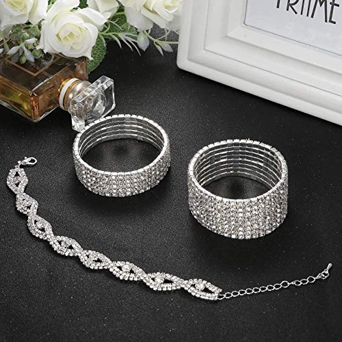 3 PCS Rhinestone Stretch Bracelets for Women-Silver