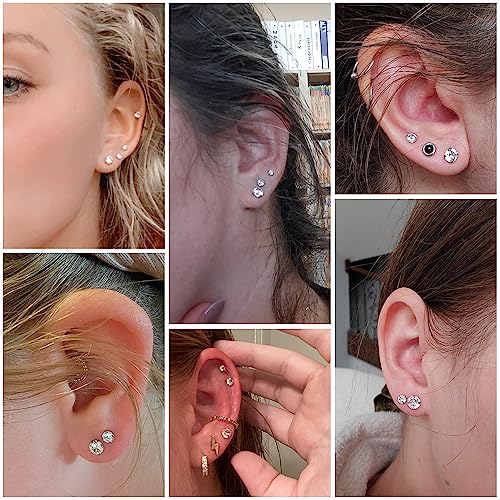 5 Pairs Stud Earrings Set, Hypoallergenic Cubic Zirconia 316L Earrings Stainless Steel CZ Earrings 3-8mm