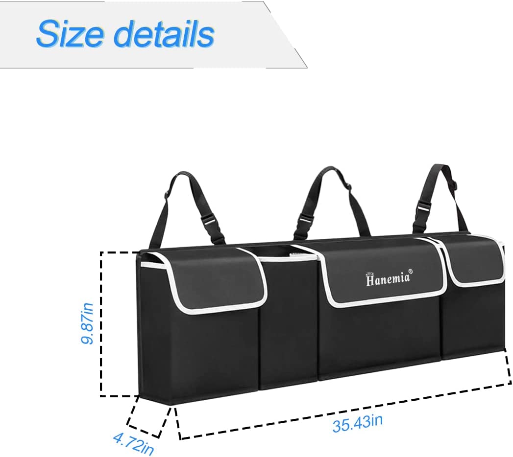 Backseat Hanging Organizer for SUV, Truck, MPV, Waterproof, Collapsible Cargo Storage Bag with 4 Pockets, Car Interior Accessories (Black)