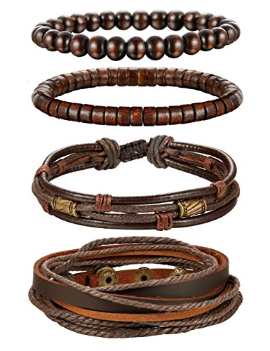 4Pcs Braided Leather Bracelet Cuff Bead Bracelet Set -Unisex