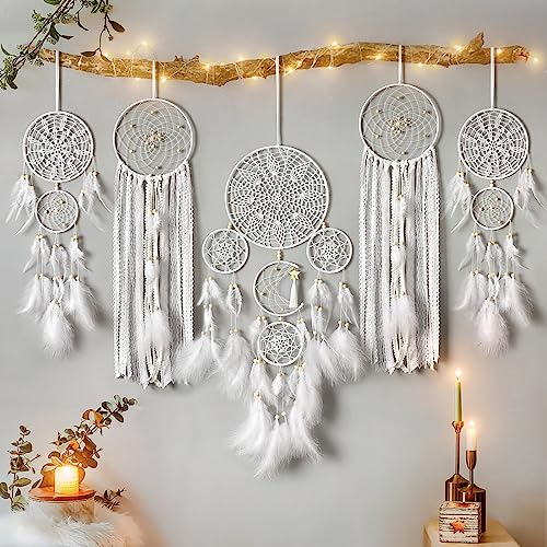 5 Pack Dream Catcher Moon and Sun Design Boho Wall Hanging Decor Handmade Traditional Feathers