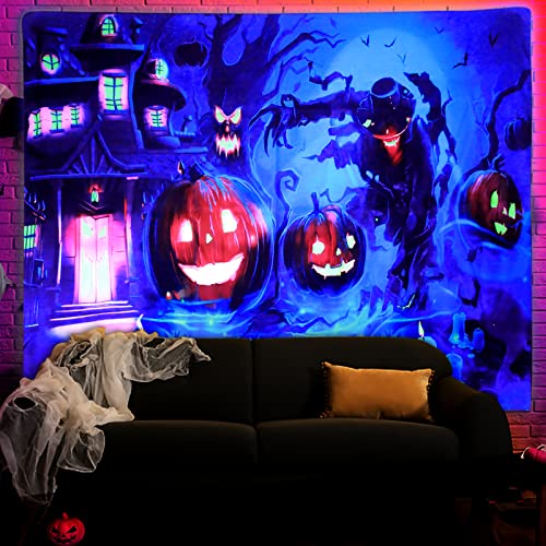 Halloween Blacklight Wall Tapestry Haunted Woods with Grave and Pumpkins, UV Reactive Wall Blanket