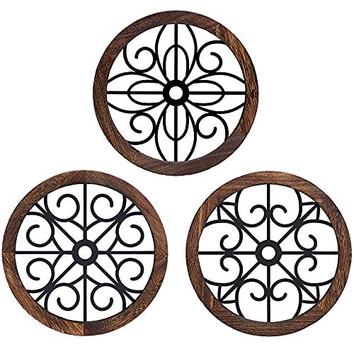 3 Pack Rustic Wall Decoration Round Wall Art Geometric Scrolled Metal w/ Wooden Frame-Brown