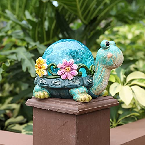 Garden Turtle Statue Outdoor Figurine Glass Solar Lights Decor