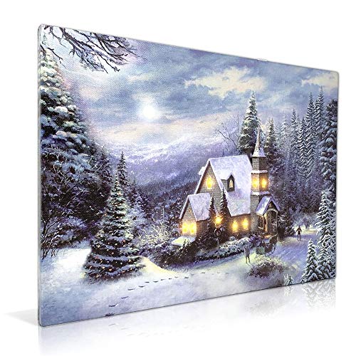 LED Holiday Christmas Canvas Church Print - Light Up Winter Scene - Forest Set