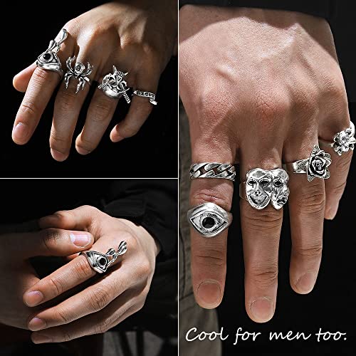 Vintage Silver  Set Gothic  Pack, Chunky Stackable Knuckle Bulk, Weeping Skull Spider Frog Butterfly Grunge