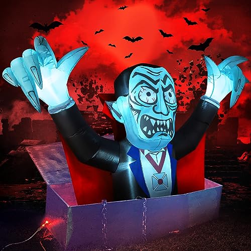 Halloween Inflatables Outdoor Decorations Vampire with Red Cloak, Blow Up Yard Decoration with Build-in LED Lights