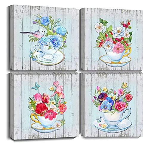 Blue Flower Canvas Wall Art Decor 12x12 - 4 Panels Ready to Hang