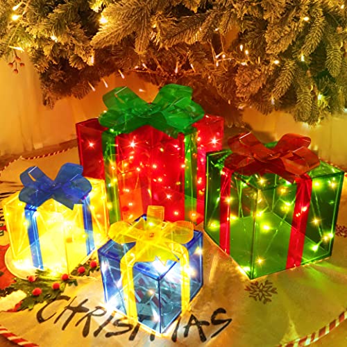 [ Bigger Size 12"-8"-6"-5" ] 4 Pcs 70 LED Lighted Gift Boxes Christmas Decorations