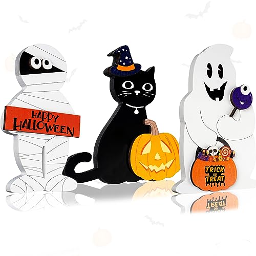 Halloween Decorations Indoor for Home Wood Signs Ghost Black Cat Mummy Table Centerpiece