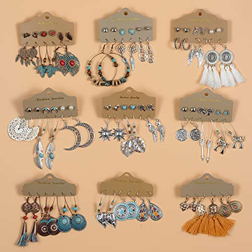 45 Pairs Bohemian Hollow Waterdrop Leaf Feather Shaped Vintage Drop Dangle Earrings Set