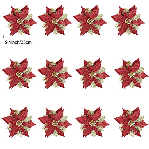 12Pcs Poinsettia Flowers Glitter Christmas Ornaments