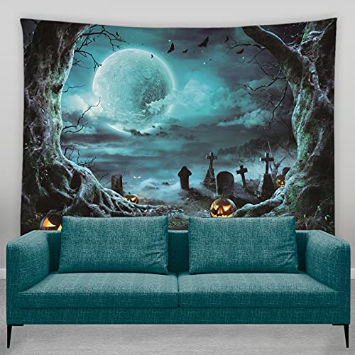 Halloween Tapestry Horror Cemetery Tombstone Night Sky Full Moon Cloudy Misty Forest Pumpkin Dead Tree