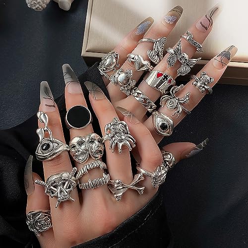 Vintage Silver  Set Gothic  Pack, Chunky Stackable Knuckle Bulk, Weeping Skull Spider Frog Butterfly Grunge