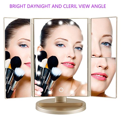 Tri-fold Lighted Vanity Makeup Mirror w/ 3x/2x Magnification, Touch Screen &180 Degree Free Rotation