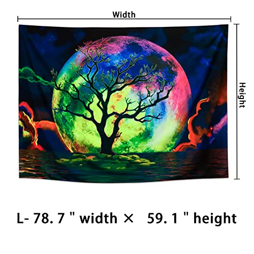 Blacklight Moon Trippy Galaxy Clouds Tree UV Ocean Sea Colorful Starry Sky Tapestry