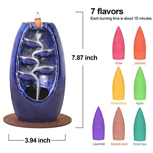 Ceramic Backflow Incense Holder Waterfall Incense Burner Bundle includes 120 Backflow Incense Cones + 30 Incense Sticks, Aromatherapy Home Decor