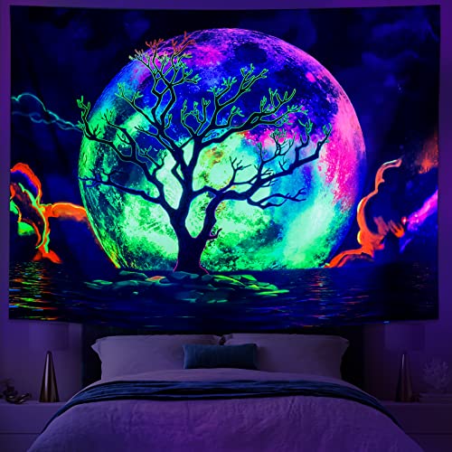 Blacklight Moon Trippy Galaxy Clouds Tree UV Ocean Sea Colorful Starry Sky Tapestry