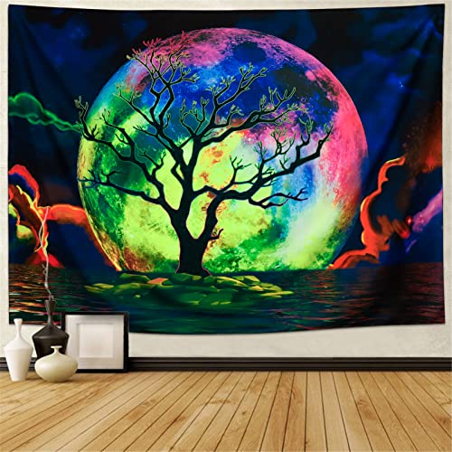 Blacklight Moon Trippy Galaxy Clouds Tree UV Ocean Sea Colorful Starry Sky Tapestry