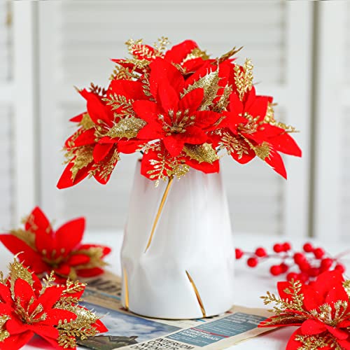 24pcs Poinsettia Artificial Christmas Flowers Decorations w/ Clips & Stem