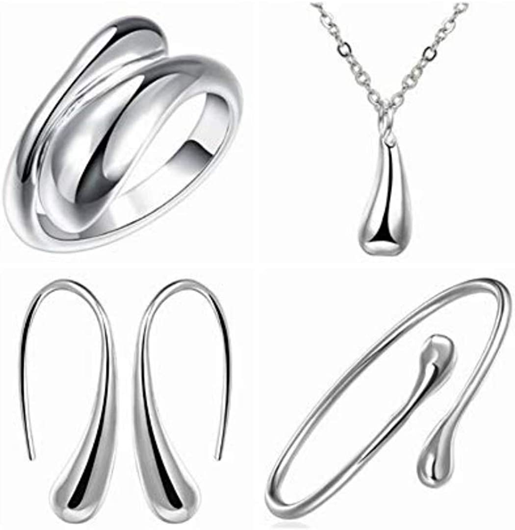 4PCS 925 Sterling Silver Jewelry Set Teardrop Pendant Necklace Earrings Bracelet Ring