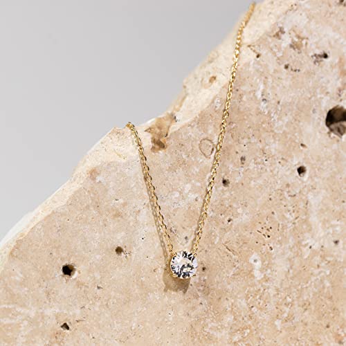 Womens 14K Gold Plated Yellow Gold Crystal Solitaire 1.5 Carat (7.3mm) CZ Dainty Choker Necklace