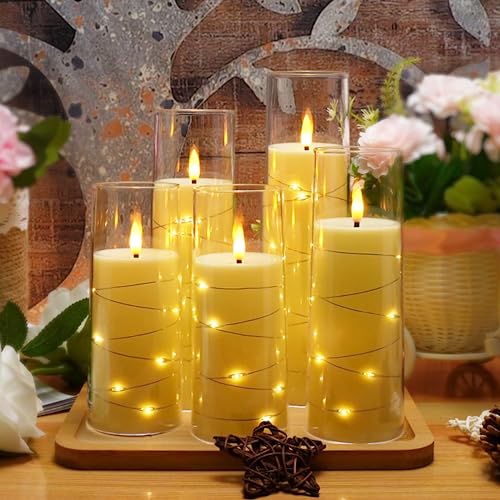 Flameless LED Timer 5 Pc Flickering Flameless Candles for Romantic Ambiance & Home Decoration Durable Acrylic Shell w/  Embedded Star String