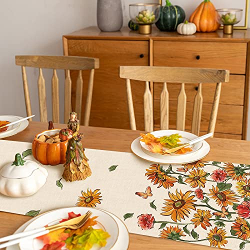 Fall Sunflower Table Runner, Autumn Floral Flower Butterfly Farmhouse Kitchen Dining Table Decor,