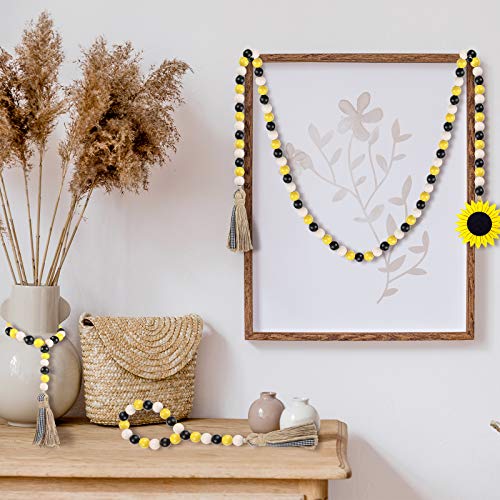 3 Pcs Sunflower Wood Bead Garland w/ Tassels & Sunflower Tag Rustic Farmhouse