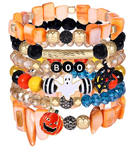 Halloween Beaded Bracelets Pumpkin Spider Ghost Charms Bracelets BOO Stretch Bracelets Holiday Set