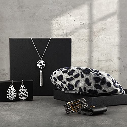 4 Pieces Women Leopard Jewelry Set French Beret Hat Leopard Leather Bracelet Earring Necklace