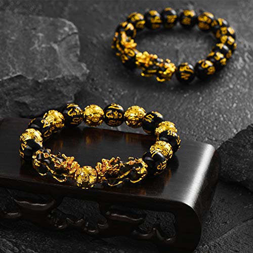 2 Pieces 12 mm Feng Shui Bead Bracelet with Hand Carved Black Amulet