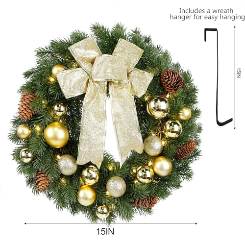 Christmas Wreath with Metal Hanger, Pre-lit Xmas Wreath with Large Golden Bow & Balls, 8 Modes & Timer,