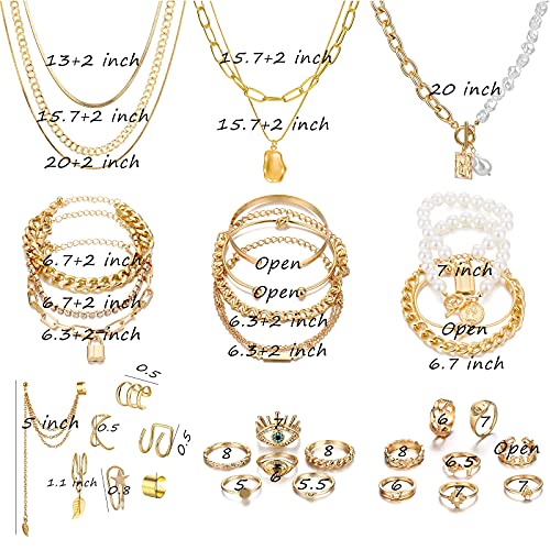 36 PCS Gold Plated Jewelry Set w/ 4 PCS Necklace, 11 PCS Bracelet, 7 PCS Ear Cuffs Earring, 14 Pcs Knuckle Rings for Women