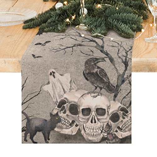 Halloween Table Runner , Vintage Cool Skull Black Cat Dresser Cover Gray Black Skeleton Burlap Day of Dead