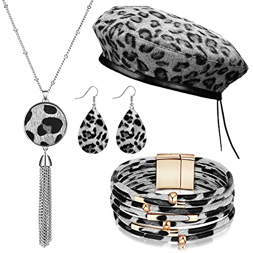 4 Pieces Women Leopard Jewelry Set French Beret Hat Leopard Leather Bracelet Earring Necklace