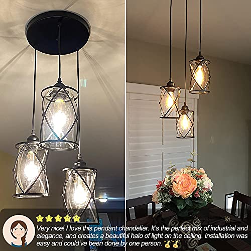 3-Light Industrial Pendant Light, Black Metal Cage Chandelier Lights