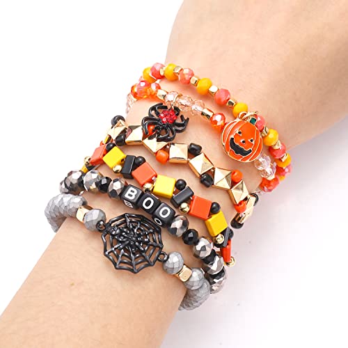 Halloween Beaded Bracelets Pumpkin Spider Ghost Charms Bracelets BOO Stretch Bracelets Holiday Set