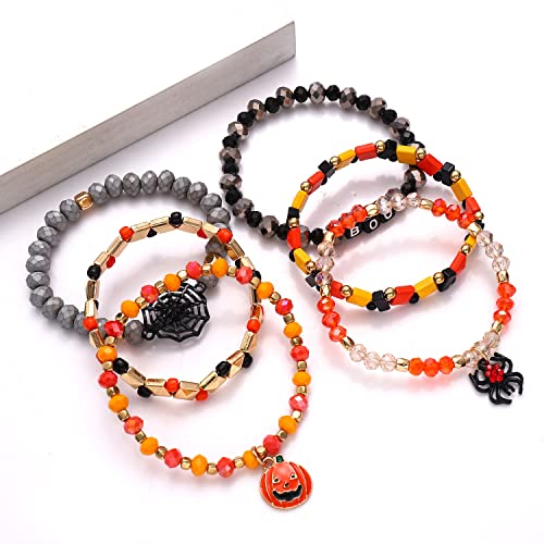 Halloween Beaded Bracelets Pumpkin Spider Ghost Charms Bracelets BOO Stretch Bracelets Holiday Set