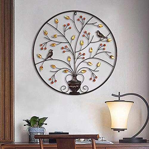 Iron Wall Sculptures - Metal Round Wall Decoration w/ Tree & Bird-Brown