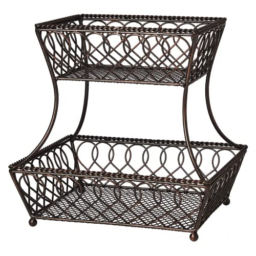 2-Tier Metal Rectangular Fruit Storage Basket, 14-Inch, Antique Black