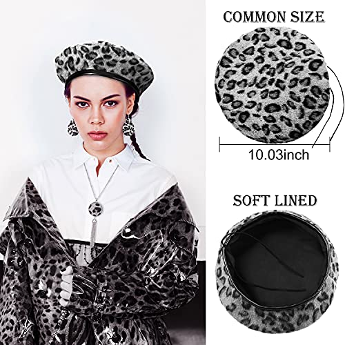 4 Pieces Women Leopard Jewelry Set French Beret Hat Leopard Leather Bracelet Earring Necklace