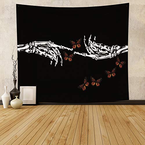 Skeleton Tapestry Butterfly Wall Hanging Black and White Finger Bones Sign Hand Trippy