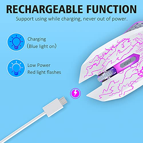 Wireless Gaming Mouse, Rechargeable w/ Colorful LED Lights, Silent Click, 2.4G USB Nano Receiver