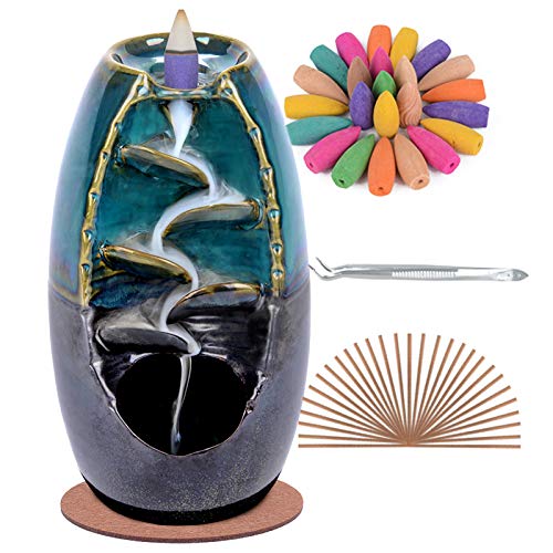 Ceramic Backflow Incense Holder Waterfall Incense Burner Bundle includes 120 Backflow Incense Cones + 30 Incense Sticks, Aromatherapy Home Decor