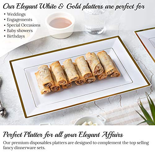 Elegant Plastic Serving Tray & Platter Set (6pk) - White & Gold Rim- 8x13 inches