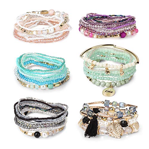 6 Sets Bohemian Stackable Bead Bracelets for Women Stretch Multilayer