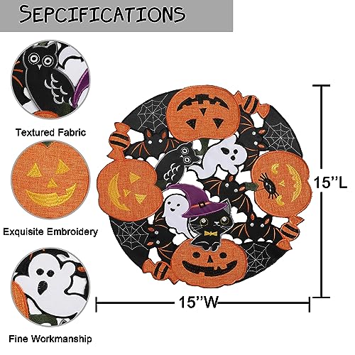 Embroidered Black Round Placemats 15 Inches, Thanksgiving Fall Pumpkins Table Decorations