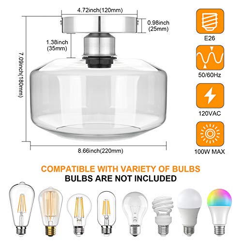 Industrial Semi Flush Mount Ceiling Light, Clear Glass Pendant Lamp Shade